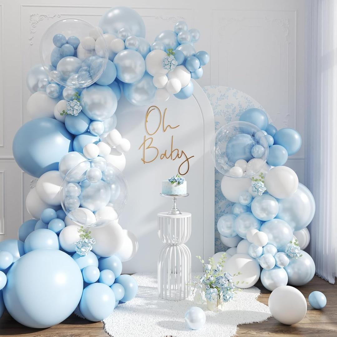 Blue Balloon Arch Kit, 127Pcs Double Stuffed Balloon Arch Garland Kit Include Pearl Blue Macaron Light blue White Clear Balloons for Bridal Shower Baby Shower Birthday Wedding Decorations