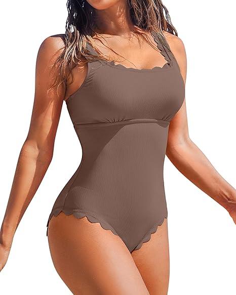 Charmo Womens Scalloped Ribbed One Piece Swimsuits Retro Square Neck Modest Bathing Suits (Medium, Khaki) Charmo Womens Scalloped Ribbed One Piece Swimsuits Retro Square Neck Modest Bathing Suits (Medium, Khaki)