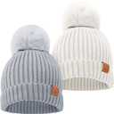 KeaBabies 2-Pack Baby Hats for Girls, Boys - Stretchy Baby Beanies, Cute Newborn & Toddler Winter Hat, Soft & Warm Pom Pom Beanie for Infant, Toddler, Boys, Girls 6-36 Months (Cloud, M)