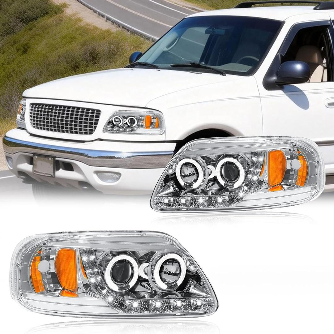 LED DRL Headlight Assembly, Fit 1997-2003 Ford F150/ 2004 Ford F150 Heritage/97-99 Ford F250 Light Duty/97-02 Ford Expedition Projector Pair of Left & Right Side Chrome Housing Amber Reflector