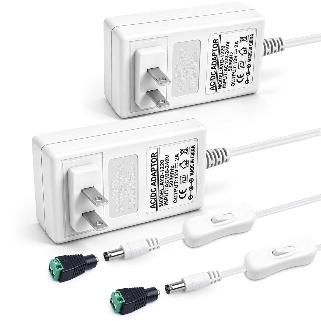 2 Pack 12V 2A Power Supply, 24W 12 Volt DC Power Adapter with On/Off Switch, 110V AC to 12V Wall Plug Transformer for LED Strip Lights with 5.5/2.1mm DC Female Connector
