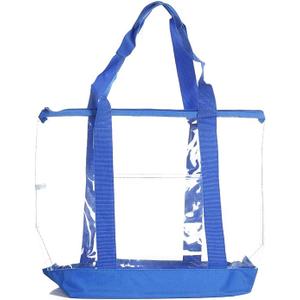 12 clear tote bags, blue logo, blue strap