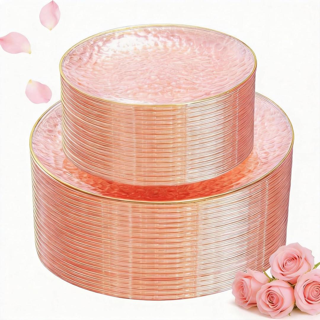 SUT 100Pcs Pink Plastic Plates, Hammered Plates Disposable Heavy Duty, Pink Disposable Plates With Gold Rim, Fancy Plastic plates Include 50 Dinner and 50 Dessert plates for Valentine's Day