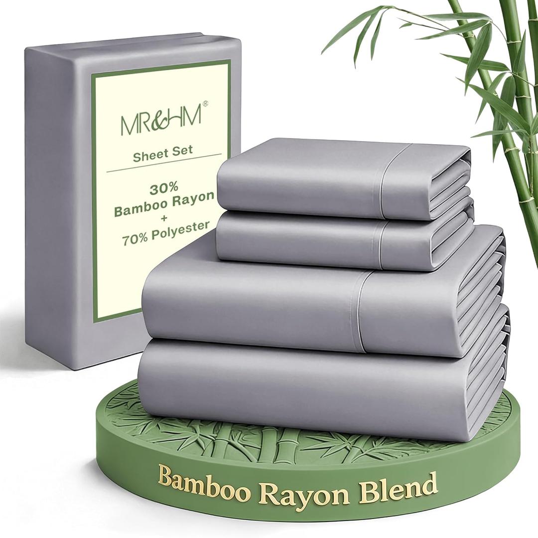 MR&HM Queen Sheet Set, 4-Piece Cooling Sheets, Rayon Derived from Bamboo & Polyester Blend, Soft & Silky, 15" Deep Pockets with Elastic Straps, Hotel Luxury for Hot Sleepers, Silver Grey