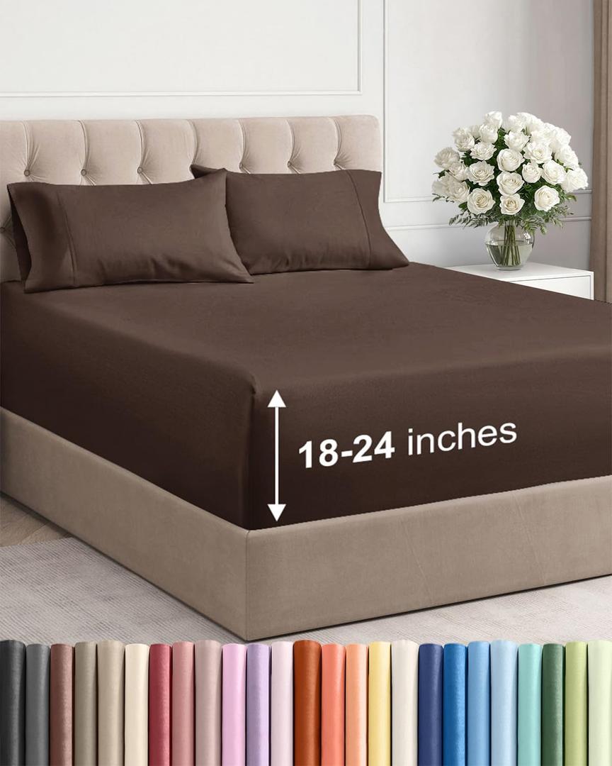 Extra Deep Queen Sheet Set - 4 Piece Breathable & Cooling Bed Sheets - Easily Fits 18 to 24 inch Mattress - Ultra Soft, Wrinkle & Fade Free w/ Extra Deep Pockets - Comfy Hotel Luxury Bedding - Brown