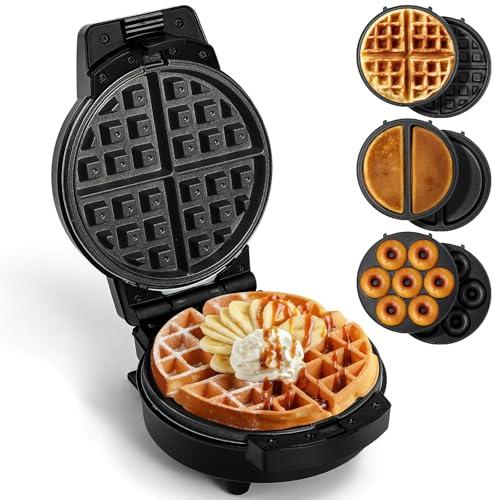 Mini Waffles Maker with 6 Removable Plates, 3 in 1 Small Waffle Maker Mini- Waffle, Pancake, Donut, 6" Non Stick Waffle Iron for Kids and Families, Black