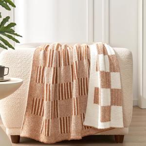 Snuggle Sac Checkered Orange Throw Blanket for Fall,Super Soft Reversible Cozy Warm Blanket for Couch Sofa Bedroom,Cute Lightweight Striped Throws for Women,Heather Orange,60x80 inches