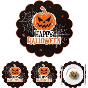 Happy Halloween Placemats Set of 4 Scalloped Pumpkin Cotton Linen Placemats 13.5 Inch Embroidery Halloween Table Mats for Trick or Treat Party Supplies Home Kitchen Dining Table Decorations