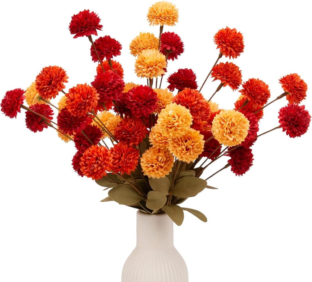 12 Pcs 20" Faux Kiku Flowers Fall Flowers Artificial for Decoration Burnt Orange Autumn Floral Stems Assorted Silk Mums Balls for Vase Home Decor Arrangement Table