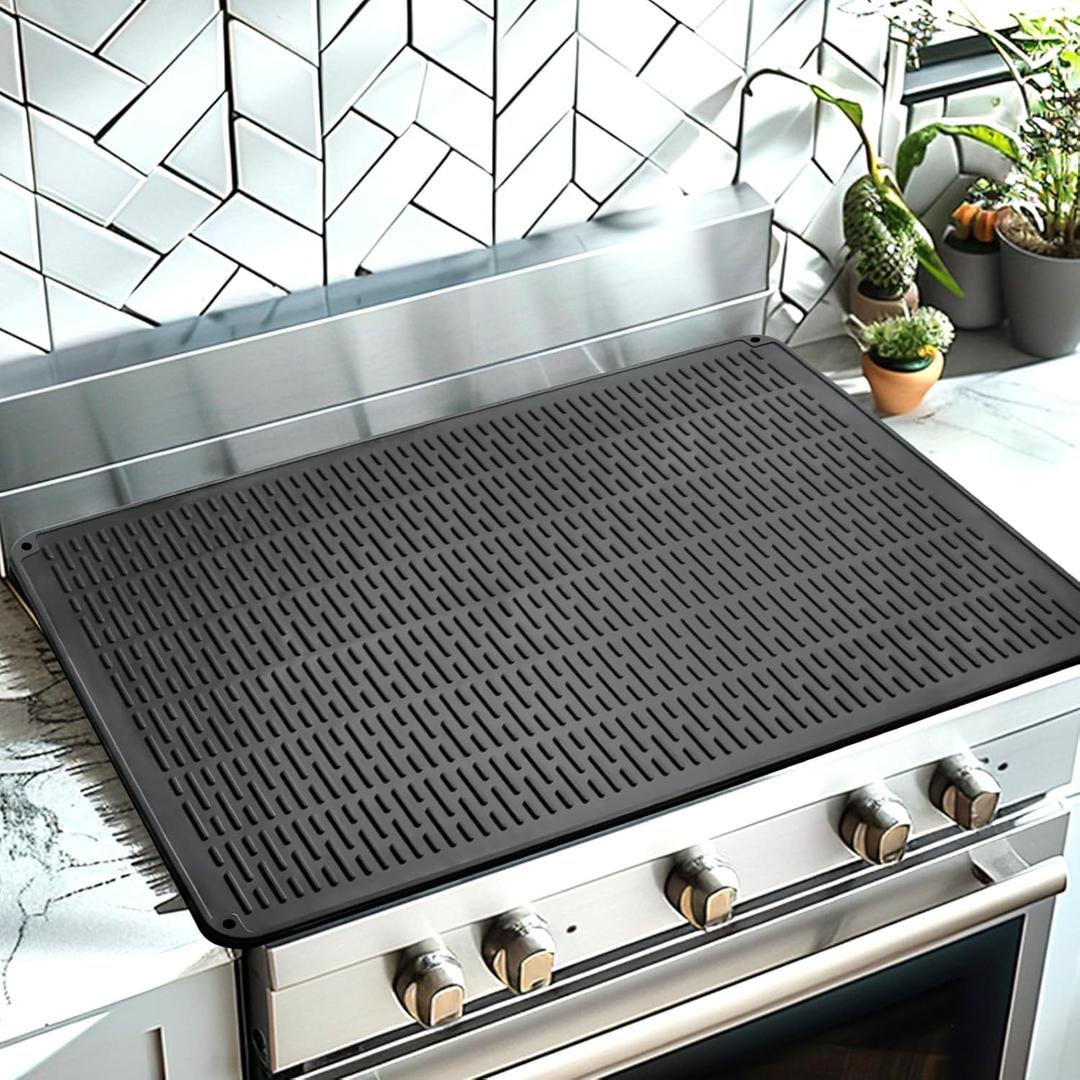 Stove Top Cover for Electric Stove, Silicone Electric Stove Cover,28 x 20 inches Glass Cooktop Protector, Heat Resistant, Hanging, Protects Kitchen Countertops and Prevents Scratches, Black