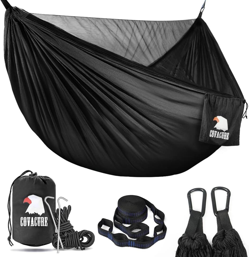 Covacure Camping Hammock - 772lbs Capacity Double Hammock with Tree Straps, Lightweight Parachute Nylon Outdoor Survival Gear for Hiking, Backpacking, Travel or Backyard (Black)