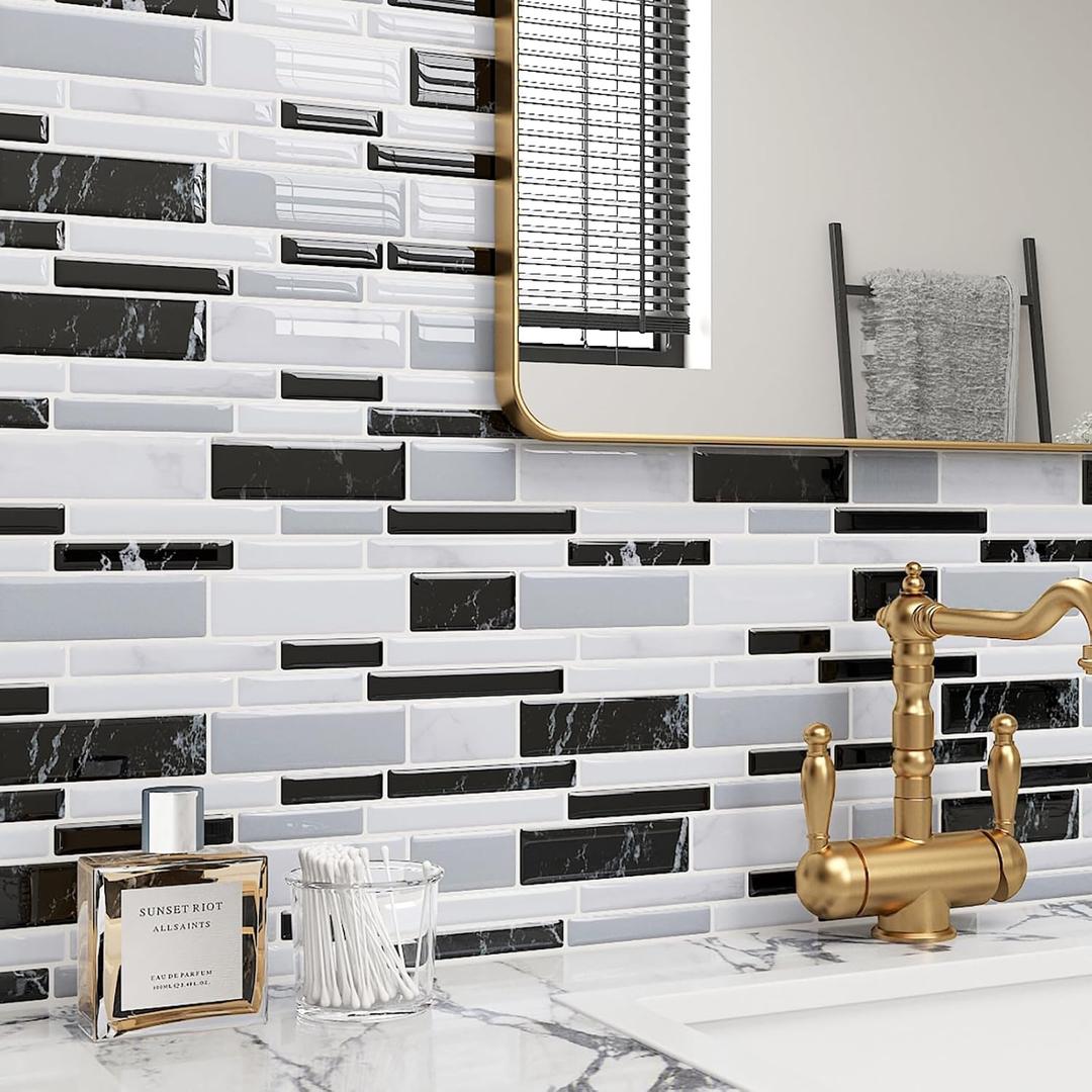 Kitchen Tiles Peel and Stick Backsplash 12"x12" Removable Black and White Stick on Backsplash for Kitchen Waterproof Grey Marble 3d Wall Tiles for Bathroom Fireplace Heat-Resistant 3-Sheet