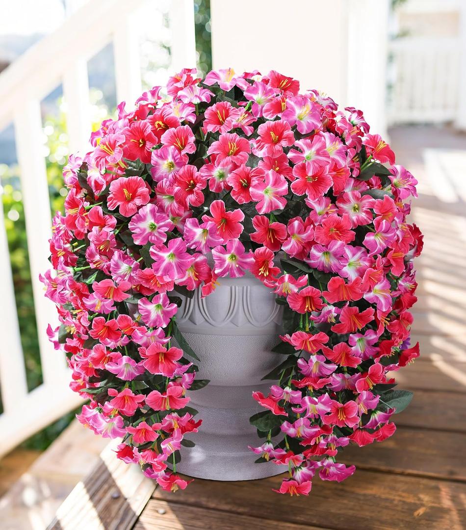 2 x HyeFlora Artificial Flowers for Outdoors, 2pcs Faux Hanging Morning Glory Silk Fake Flowers Lifelike Artificial Plants UV Resistant Flowers for Outside Planter Patio Garden Porch Decor (Rose red)