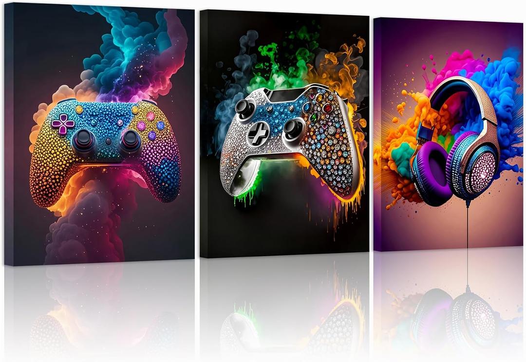 SEHSUVC Gaming Room Canvas Wall Art Set of 3, Game Posters Wall Decor, Gamer Paintings Picture Print for Boys Room Kids Game Room Bedroom Boys Home Decoration 16x24 In Framed Ready to Hang