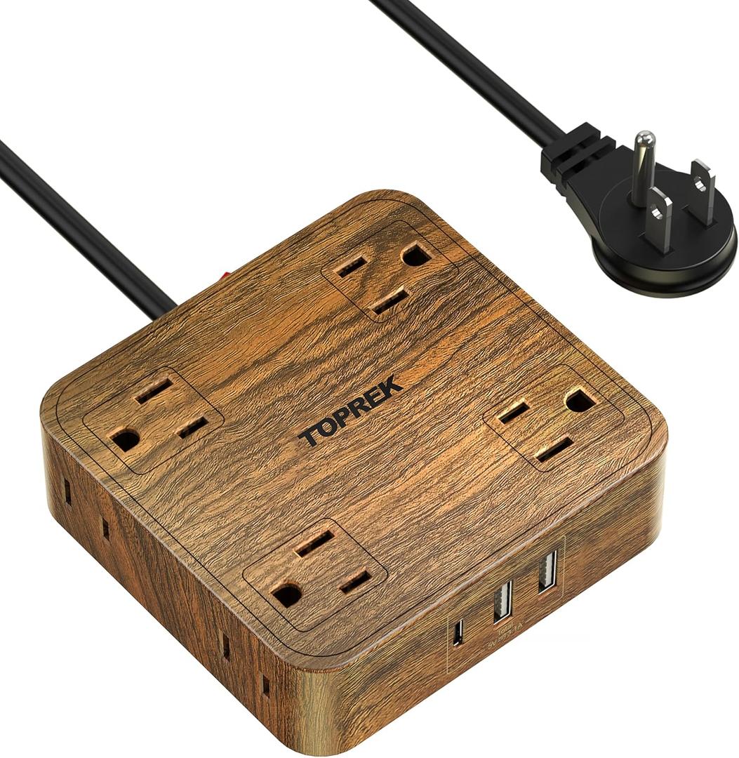TOPREK Power Strip Surge Protector (1080J), 8 Widely-Spaced Outlets with 1 USB-C & 2 USB-A, Wood Finish Power Strip with USB for Home, Office, Dorm, Travel, 5 FT Extension Cord with Flat Plug