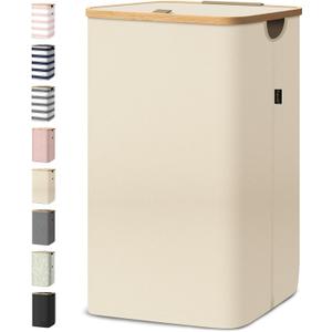BALEINE Laundry Hamper with Lid, Tall Laundry Baskets with Bamboo Pull Handles, Large Laundry Bin with Internal Support (26 Gal/100L, Beige)