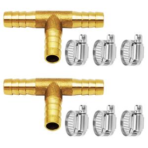 Da by 2 pcs 5/16"(8mm) Brass Tee Barb Fittings for 3/8" ID Hose,6 pcs Stainless Steel Pipe Clamps,3 Way Union Intersection for Water/Fuel/Air(T)