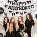 Black Bow Birthday Decorations Set - Coquette Theme Party Supplies with Happy Birthday Banner Garland, Hanging Swirls, Bow Balloons for Women Black Party Decorations Supplies (black)