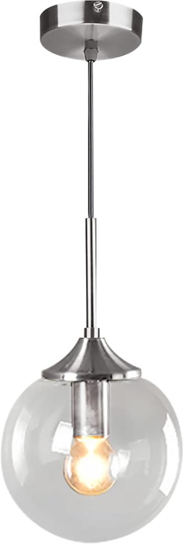 KCO Modern Nordic Hanging Ceiling Light Fixture 1-Light Silver Pendant Light with Glass Globe Adjustable Cord Contemporary Kitchen Island Lighting for Bedroom Living Room Dining Room (Clear)