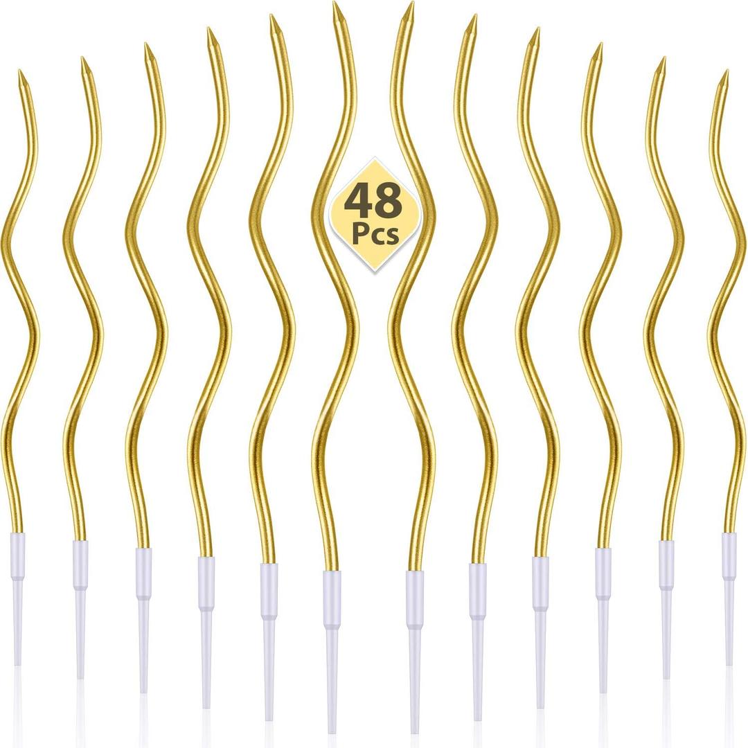 48 Pieces Twisty Birthday Spiral Cake Candles with Holders Long Thin Curly Coil Metallic Cake Cupcake Candles for Birthday Wedding Party Decoration(Metallic Gold)