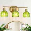 Gold Bathroom Light Fixtures, 3-Light Vanity Lights for Bathroom with Ribbed Green Tulip Glass Shade, Brass Wall Scone Lighting Over Mirror for Farmhouse,Bedroom,Living Room,Hallway