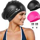 2 Pack Swim Cap for Women Men Adult, Silicone Swimming Caps for Short Long Hair, Waterproof Swim Hats Bathing Caps to Keep Hair Dry with Nose Clip and Earplugs, One Size