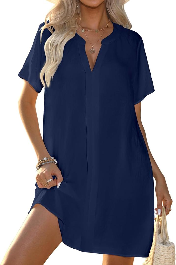 Halife Women's Swimsuit Cover Up Shirt V Neck Short Sleeve Bathing Suit Coverups Summer Beach Cover Ups M
