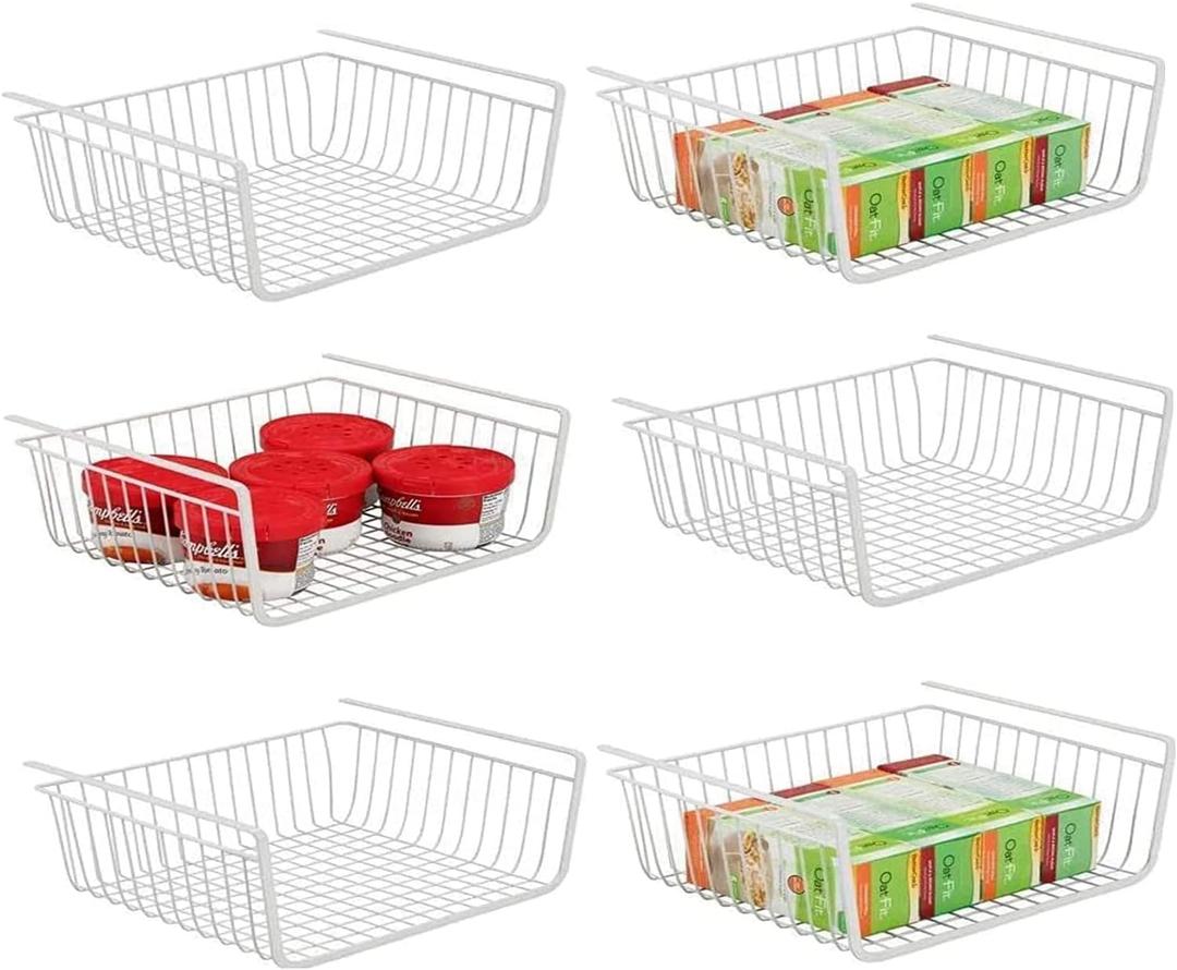 6 PACK 12in Hanging Under Shelf Storage Basket Kitchen Cabinet Organizer Storage, Slides Under Wire Shelves for Counter Pantry Desk Bookshelf, White