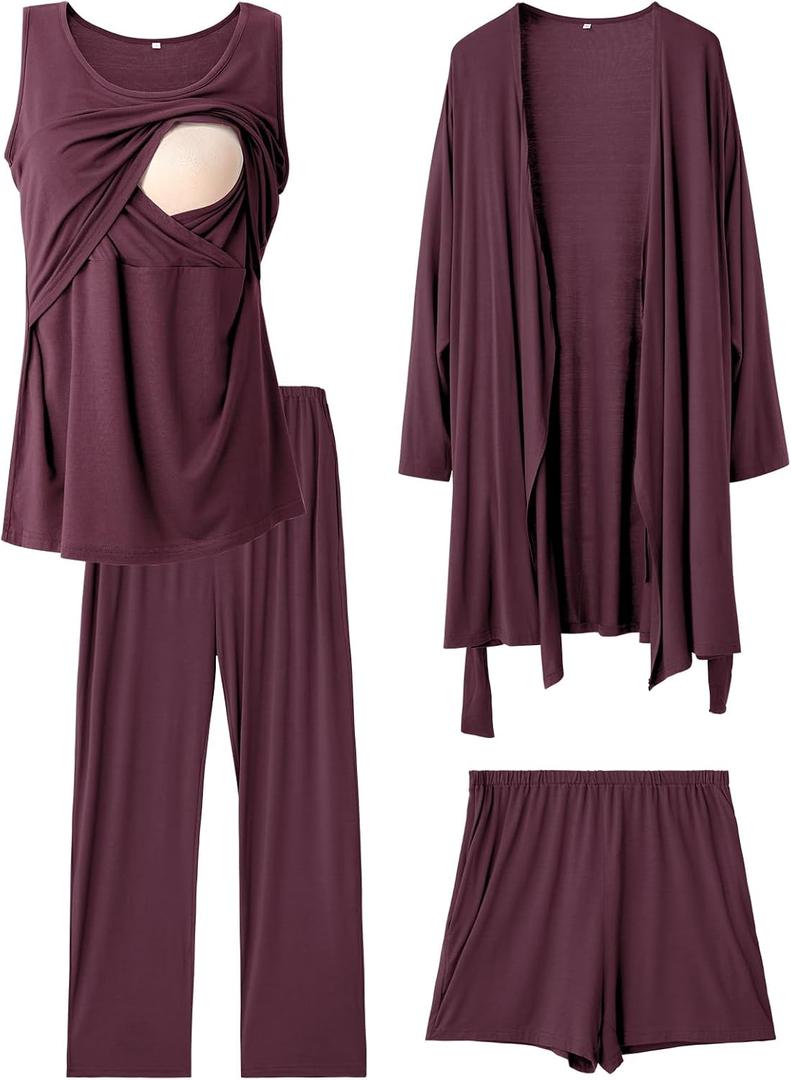 Rnxrbb 4 PCS Nursing Pajamas Gown Set Postpartum Pajama Nightgown Breastfeeding Pj for Hospital Labor Delivery,Deep Purple 2XL