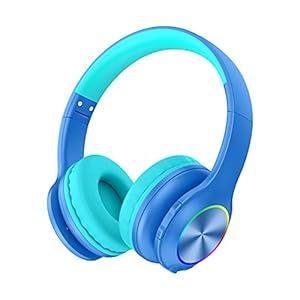 Candy Bila Kids Bluetooth 6.0 Headphones with LED Light, 85Hours Playtimes, Type-C Fast Charging, 85/ 94dB Volume Limited, Comfort Wireless Headphones with Built-in Mic, Wired & TF Card Mode, Blue
