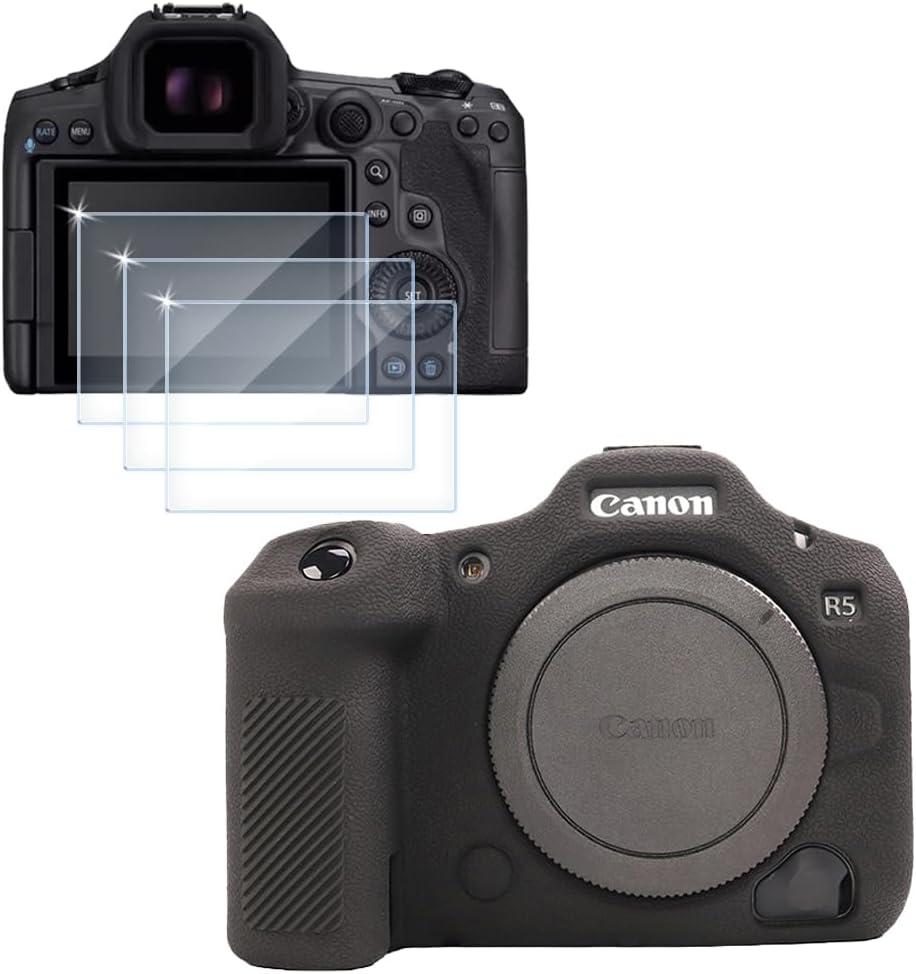 Camera Case for Canon EOS R5 Mark II, Soft Silicone Protective Cover + 3PCS Tempered Glass Screen Protectors, Anti-Scratch Shockproof Camera Accessories - Black (Black)