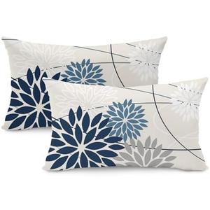 Blue and Gray Floral Pillow Covers 12x20 Set of 2 Outdoor Waterproof White Colored Decorative Throw Pillows Summer Pillowcase Polyester Cushion Case Decor for Couch Patio Funiture Garden Porch 01B12