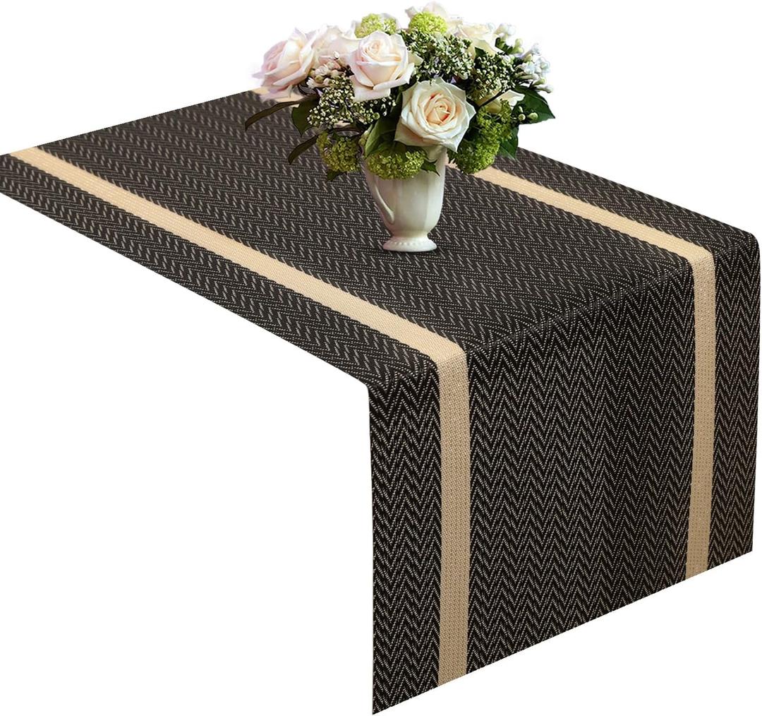 FAVE Woven Vinyl Table Runner 72x12 Inches Heat Resistant Table Runner Wipeable Waterproof Brown Table Runner Woven with Golden Threads for Wedding, Banquet,Party, Restaurant(Brown-72x12)