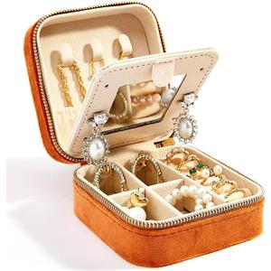 Smileshe Travel Velvet Jewelry Box with Mirror, Mini Gifts Case for Women Girls, Small Portable Organizer Boxes for Rings Earrings Necklaces Bracelets