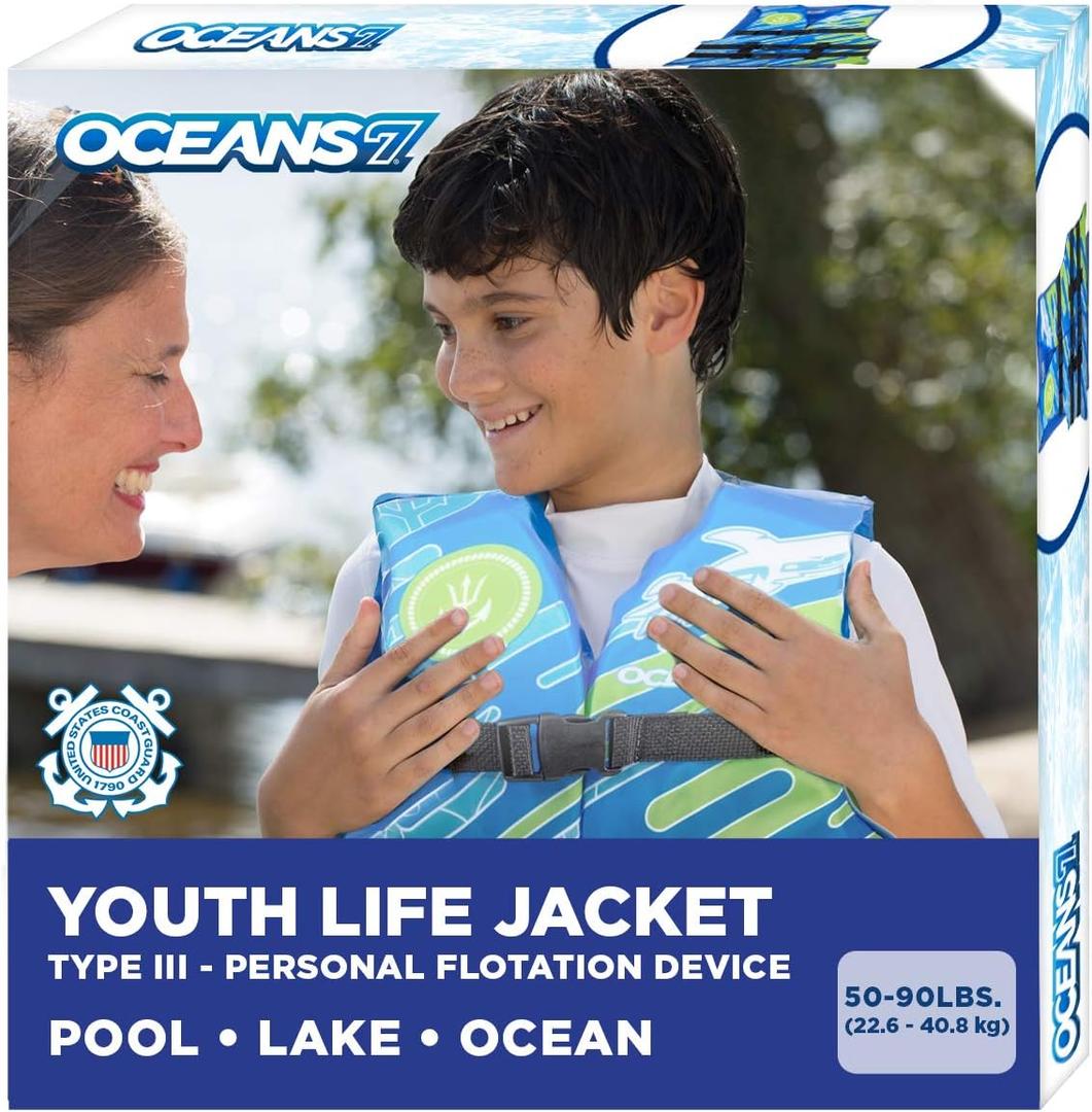 Oceans 7 US Coast Guard Approved Life Jacket for Infant, Kids, Youth,  Type II & III Vest, Personal Flotation Device (Blue/White  Youth)