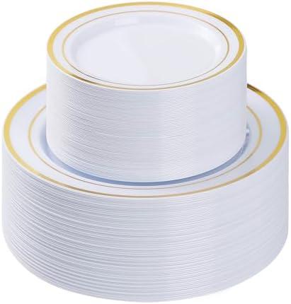 BESTVIP 100PCS Gold Plastic Plate, Disposable Party Plates with 50 Dinner Plates and 50 Dessert Plates, Plastic Plate for Parties, Wedding and Birthday