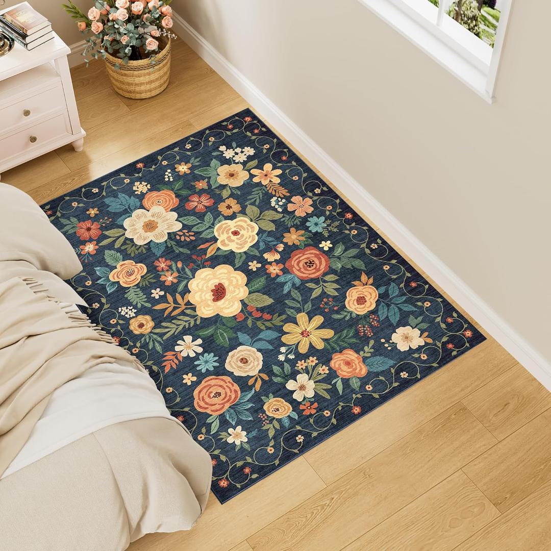 DUKINO 3x4 Area Rug, Lightweight Non Slip Washable Floral Rug, Indoor Low Pile & Non-Shedding Boho Design Carpets for Bedroom, Kitchen, Dining Room, Navy Blue