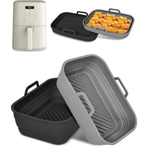 Collapsible Air Fryer Silicone Liners 2-Pack for Bella 4Qt Slim Air Fryer(3.3lb Capacity), Reusable Airfryer Silicone Pot Rectangle, Non-stick Baking Basket Insert for Air Frier Accessories,Gray+Black