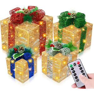 [ Super Large 12"-10"-8"-7" ] 4 Pack Lighted Gift Boxes Christmas Decorations 70 LED Timer 8 Modes Remote Battery Operated Gold Glitter Xmas Present Box Christmas Tree Decor Indoor Outdoor Home Yard