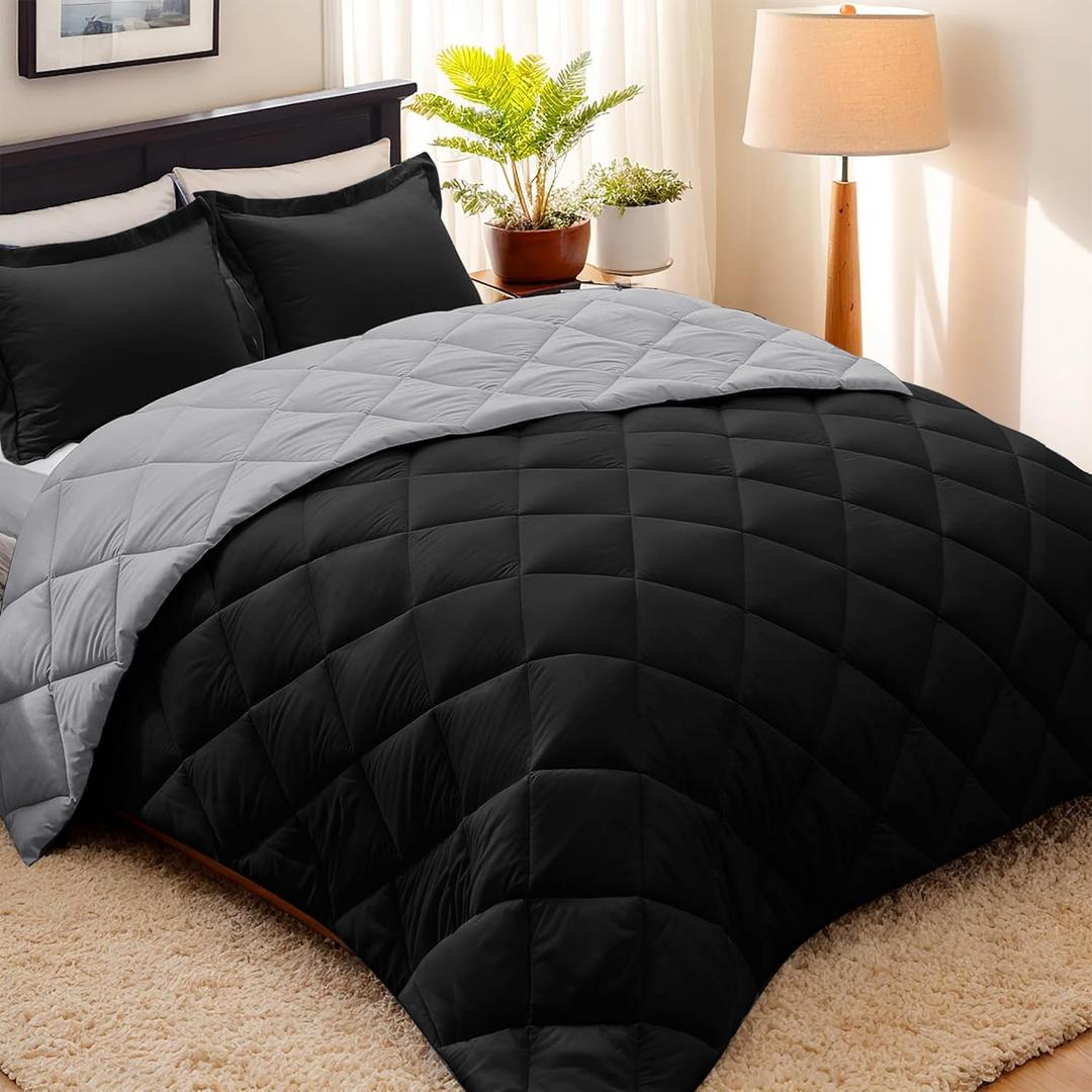HIG 3pc Black Queen Size Comforter Set-All Season Reversible Down Alternative Comforter with Two Shams -Quilted Duvet Insert with Corner Tabs - Diamond Stitched Blanket - Breathable, Soft, Fluffy (Black/Light Gray)