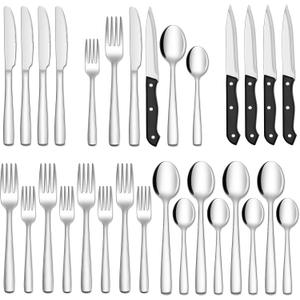 Hiware 24-Piece Silverware Set with Steak Knives, Stainless Steel Flatware Cutlery, Mirror Polished Flatware Serving Utensils Set for 4, Includes Forks Spoons Knives Silverware, Dishwasher Safe
