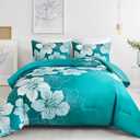 Menghomeus California King Comforter Set Gradient Teal Bedding Floral Comforter Sets Soft Microfiber Bed Comforter Set for All Season,3 Piece Botanical Flowers Comforter, Pillowcases