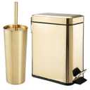 mDesign Metal Freestanding Slim Toilet Bowl Brush and Holder + Rectangle Narrow 5 Liter / 1.3 Gallon Step Pedal Trash Can Wastebasket for Bathroom - Small, Compact Design - Set of 2 - Soft Brass