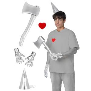 POEWAUVE Halloween Costume Accessories Silver Funnel Hat Axe Heart Brooch Silvery Gloves Set Halloween Costume Accessories for Man Women Cosplay Party