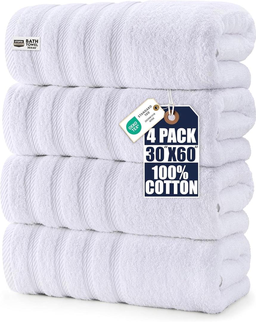 Utopia Towels 4 Pack Premium Extra Large Bath Towels Set, (30 x 60 Inches) 100% Ring Spun Cotton, Lightweight and Highly Absorbent Quick Drying Towels, Perfect for Daily Use (White)