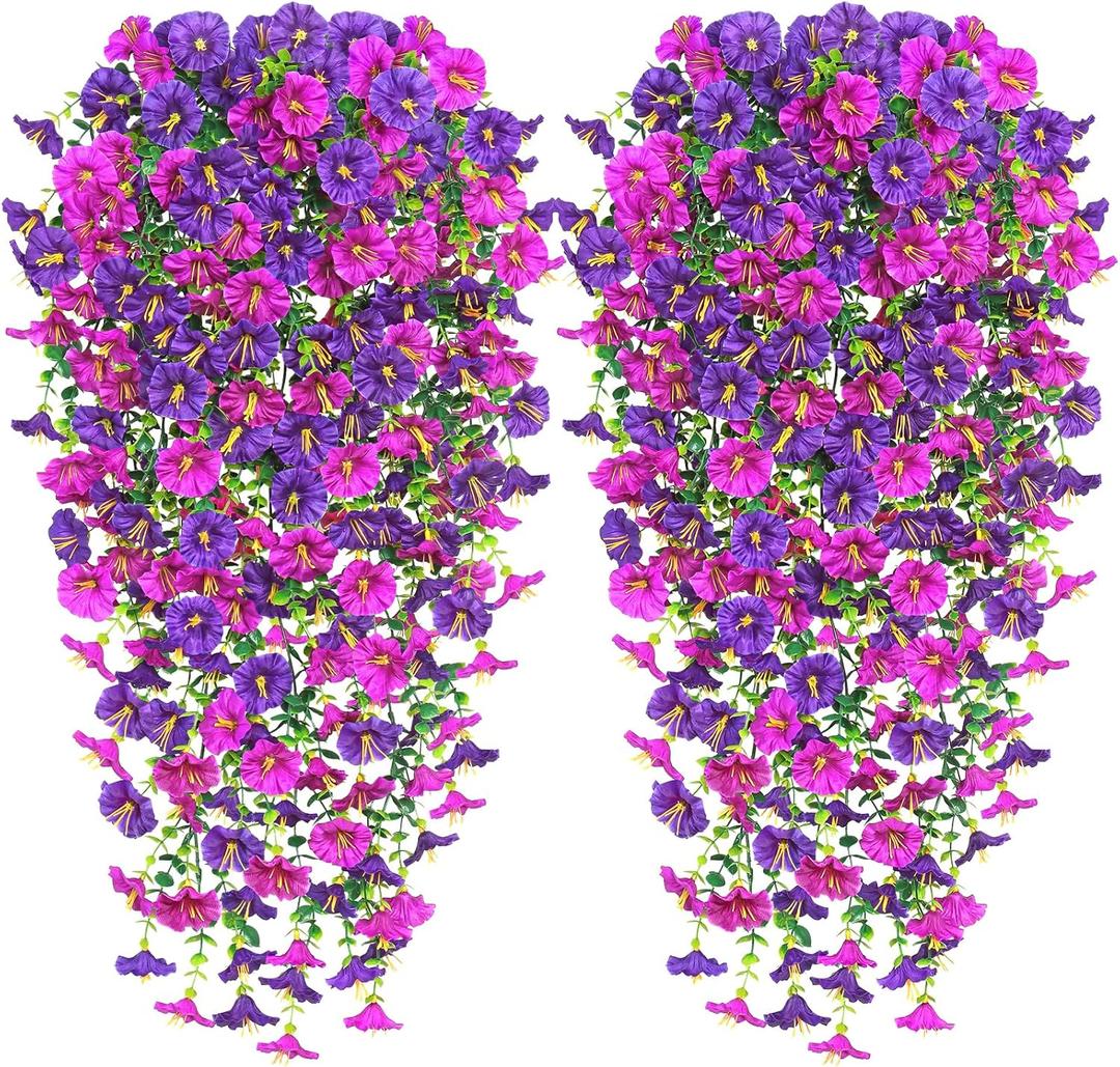TOCHGREEN Artificial Fake Hanging Flowers Plants for Outdoor Decoration 2PCS Faux Silk Morning Glory Flowers UV Resistant Hanging Plants for Home Porch Patio Garden Decor (Purple Fuchsia, 2PCS)