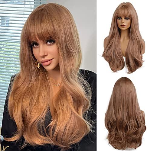 Esmee 24 Inches Strawberry Blonde Long Wavy Wig with Bangs for Women Natural Synthetic Hair Heat Resistant Wigs for Daily Party Cosplay Wear