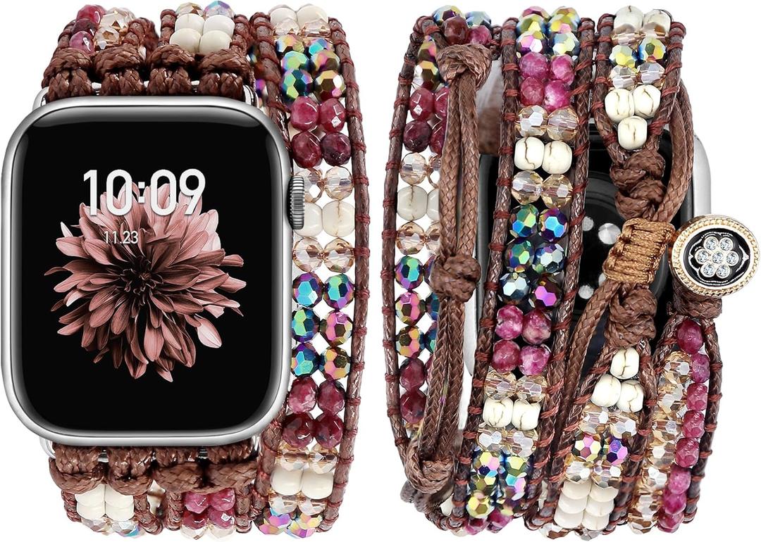 JR.DM Boho Beaded Watch Band Women Compatible with Apple Watch 38mm 40mm 41mm 42mm (S10/11) Amethyst Stone Bracelets Adjustable Handmade Braided Rope Strap for iWatch Series 11/10/9/8/7/6/5/4/SE 3/2/1