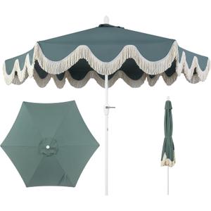JONATHAN Y UMB1001 Collins 9 ft. Classic Cottage Tassel Market Patio Umbrella with Auto-Tilt, Crank, Wind Vent and UV Protection