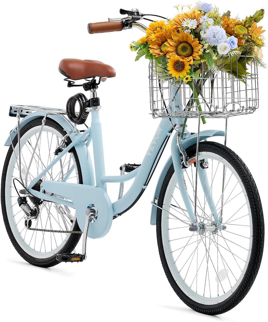 VEVOR Women Bike, 7-Speed and 1-Speed, 24-26 Inch Pink and Light Blue Beach Cruiser Bike, with Large Capacity Basket and Rear Rack, Adjustable Seat, Fits for Cycling, Exercise & Shopping